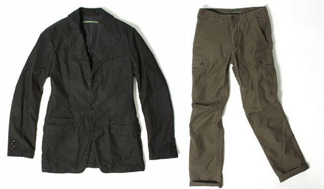 <strong>united arrows green label relaxing｜グリーンレーベル リラクシング</strong>　「sage de cret×GLR」　左／モールスキン テーラージャケット2万9400円（ブラック、カーキ）、右／モールスキン カーゴパンツ1万8900円（ブラック、ベージュ、オリーブ）