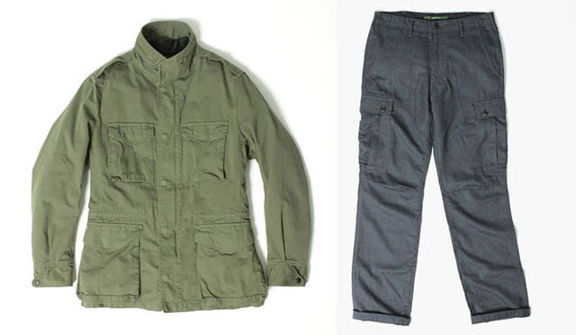 <strong>united arrows green label relaxing｜グリーンレーベル リラクシング</strong>　「sage de cret×GLR」　左／ブロークンツイル ライナー付フィールドジャケット3万9900円（ダークグレー、オリーブ）、右／サージ カーゴパンツ1万9950円（ブラック、ダークグレー）