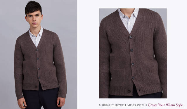 <strong> MARGARET HOWELL｜マーガレット・ハウエル</strong>　2011秋冬コレクション　カーディガン4万8300円、シャツ2万8350円（ともにマーガレット・ハウエル）