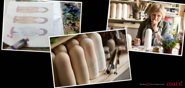 <strong>MaxMara｜マックスマーラ　「Coats！  MaxMara,60 Years of Italian Fashion」</strong>　ロシアの伝統工芸、マトリョーシュカの製作工程。マトリョーシュカには、1998年秋冬シーズンのマックスマーラ広告キャンペーン用にリチャード・アヴェドンが撮影したマギー・ライザーが描かれた。