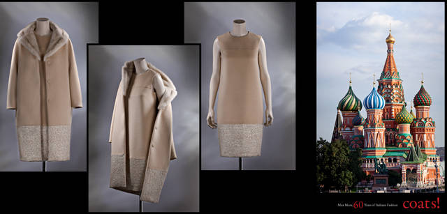 <strong>MaxMara｜マックスマーラ　「Coats！  MaxMara,60 Years of Italian Fashion」</strong>　左／今回の回顧展に合わせて発売された、「アンナ アニバーサリー コート」。アンナ・カレーニナに敬意を表している。　右／マックスマーラはこのたび、ロシア国立歴史博物館への感謝のしるしとして、同博物館の一部でおなじ赤の広場に位置するポクロフスキー大聖堂の復元作業に寄付することを決定。