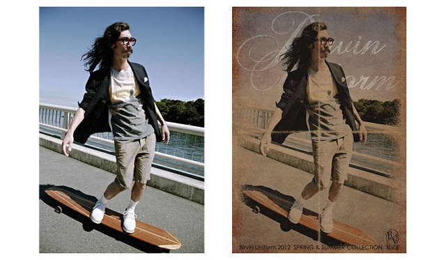 <strong>Birvin Uniform｜バービンユニフォーム</strong> 2012春夏コレクション　ジャケット4万8000円、サーフフォトTシャツ1万1000円、クライミングショーツ1万8000円