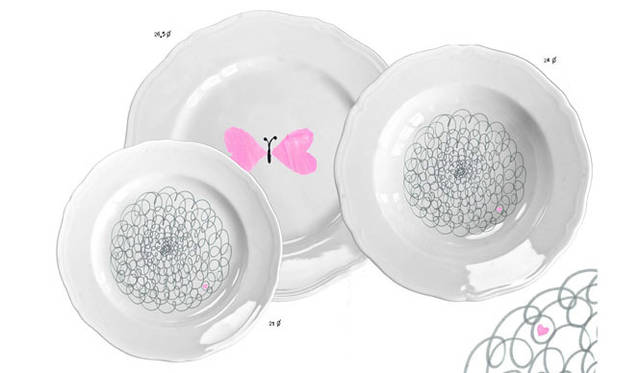 <strong>ISETAN｜伊勢丹新宿店</strong>　「デザインタイド トーキョー 2011」RICHARD GINORI “LOVE COMMUNICATION” paola navone & minä perhonen<br>「minä」　minä perhonenのアイコンともいうべき、チョウチョの羽の部分がハートにも見える“愛の羽”と、ハートがぐるぐる回る“まわり道”が、リチャード ジノリ伝統の優雅なフォルムの「アンティコシェイプ」を中心に、さまざまなシェイプに載せられている。