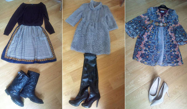 <strong>SAKURA｜第18回 「お気に入りシューズ！」ファッション編</strong>　＜あたらしい靴と洋服のコーディネイト例＞左／マカフィのワンピースとシャネルのワークブーツのコーディネイト、中／マックスマーラのファードレスコートにメーガンのニーハイブーツのコーディネイト、右／メーガンのワンピースとベージュのパテントレザーパンプスのコーディネイト