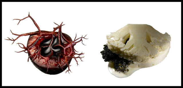 <strong>THREE｜スリー　フードアーティスト　諏訪綾子さんが語る、五感に響く植物の力</strong><br />左から『後をひく悔しさと さらに怒りさえもこみ上げるテイスト』、『恐ろしさと不安がゆっくりと混じり合うテイスト』<br />諏訪さんが「ゲリラレストラン」をスタートさせてから3年。「感覚で味わう感情のテイスト」と名づけられた作品をコースであじわうパフォーマンス。それは、喜怒哀楽がテーマだ。