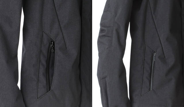 <strong>CIVILIZED｜シヴィライズド</strong>　ARTICULATE HOOD JACKET<br />「ポケットも生地の上に貼りつけるのではなく、生地をくり抜いてつけています。ポケットはハンドウォーマーとしてのポケットのなかに、モノを入れるためのファスナー付きのポケットがほどこされており、全部で4つになっています。また、ポケット同様、ヒジのマチも生地のうえに貼りつけるのではなく、ヒジの部分をくり抜いて下から生地をあてていますので、マチが悪目立ちすることなく、一体化してスッキリして見えます」