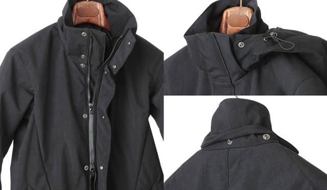 <strong>CIVILIZED｜シヴィライズド</strong>　ARTICULATE HOOD JACKET<br />「取りはずしのできるフードは、はずしたさいにスタンドカラーのジャケットとして完成するよう、スナップボタンが隠れるようになっています。また、フードは左右のフラップ同士を留めるのでなく、スタンドカラーの内側にスナップボタンをほどこすことでフラップが開いてしまうこともありませんし、フードとボディが一体感を増し、よりシャープなシルエットが生まれます」