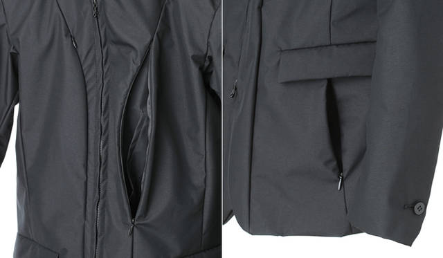<strong>CIVILIZED｜シヴィライズド</strong>　CLEARED JACKET<br />「素材や着心地のほかに、ジャケットの容量の少なさもウィークポイントのひとつだと思うんです。シルエットは崩さず、容量だけを増やすべく、フロントに大きくポケットをほどこしました。中に携帯など頻繁に出し入れするものを入れる小さなパッチポケットもあり、これは出し入れがスムーズにできるよう、ポケットの設置位置と角度にこだわりました。また、フロントのフラップポケットには、ハンドウォーマー機能を果たすポケットをくわえてあります」