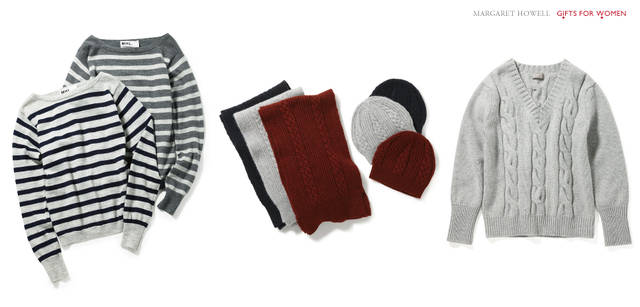 <strong>MARGARET HOWELL｜マーガレット・ハウエル</strong>　左から／ニット 各1万8900円（MHL.）、マフラー 各2万5200円、ニットキャップ 各1万1550円、ニット 2万9400円（すべてマーガレット・ハウエル）