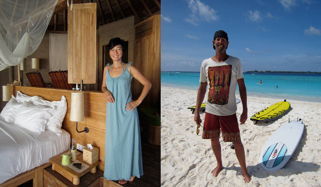 <strong>SIX SENSES RESORTS&SPAS｜シックスセンシズ リゾーツ＆スパ</strong>　左／女優の益戸育江さん。海洋保護活動家と、ウォータースポーツアスリートが集い、ともに考えるチャリティイベント「Water Wo/man」に参加した。　右／テリーさんは、カリフォルニアのサンタバーバラに拠点をおいて活動しているプロサーファー。極めたサーファーの指導はすばらしい。ほんの１時間レッスンを受けただけで、数段レベルアップ！