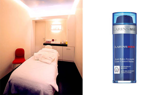 <strong>CLARINS｜クラランス</strong>　左／「エスパス クラランス」個室、右／アンチエイジング用保湿乳液「フェルム テバーム」7770円（50g）