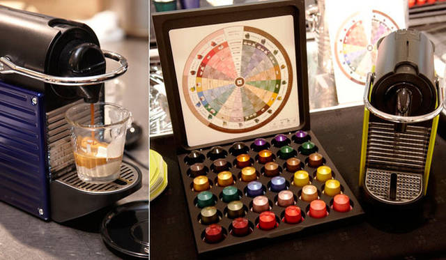 <strong>第4回「リビング ウェルネス イン ラグジュアリー」ランチ・パーティー</strong>　スイス生まれのエスプレッソコーヒーメーカー「ネスプレッソ」。左は、マリオシェフ特製のアイスにエスプレッソをかけたデザート“アフォガート”。サービスには長蛇の列ができていた。 右は、最新型エスプレッソ・マシーン「PIXIE」。コンパクトなデザインと鮮やかなカラーバリエーションがインテリアとしても最適。