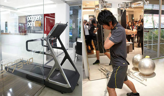 <strong>第4回「リビング ウェルネス イン ラグジュアリー」ランチ・パーティー</strong>　ヨーロッパ最大のフィットネスマシン・メーカー「テクノジム」。イタリア発ならではの、スタイリッシュなデザインで注目を集めた。左／ラン・パーソナル、右／「キネシス」と バランスボールを用いたエクササイズをトレーナーが実演。閉会間近まで、個人レッスンを体験するゲストでにぎわった。