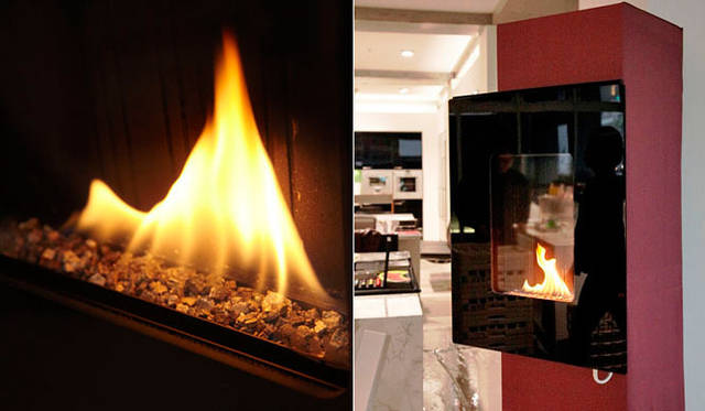 <strong>第4回「リビング ウェルネス イン ラグジュアリー」ランチ・パーティー</strong>　英国老舗ストーブメーカーの「エッセ」。エントランスに設置された壁掛けタイプのストーブは、その珍しさから多くの注目を集めた。手づくりのストーブから伝わるぬくもりと、燃費のよさは、同社のストーブならでは。