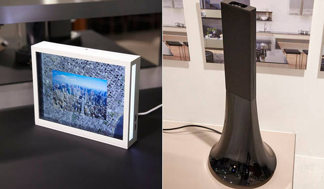 <strong>第4回「リビング ウェルネス イン ラグジュアリー」ランチ・パーティー</strong>　フランス生まれの世界的なワイヤレス機器メーカー「パロット」。左は、パロット社が開発したアプリケーション「Holidays 2.0」を用い、ニューヨークの街なみを映しだす、デジタルフォトフレーム「DIA」。右は、フィリップ・スタルクデザインによるワイヤレスステレオスピーカーセット「ZIKMU」。