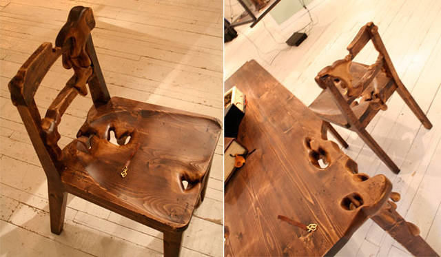 <strong>OGATA｜オガタ</strong>　「「MELT TABLE＆CHAIR」（メルトテーブル・チェア）」　OGATAの木が溶けるシリーズ“溶けるシリーズ”。　本来は溶けない木を溶かしたデザインにより、環境問題をもあらわしたデザイン。木の年輪もデザインに活かし、波紋のような美しさを出している。「BOX STOOL」同様、日本人らしい繊細な美しさと巧妙なつくりが海外でも高評価を得ている。椅子のほかにもテーブルや棚も製作している。