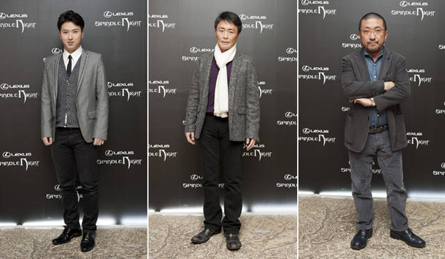 <strong>LEXUS GS｜レクサス GS</strong>　「レクサス スピンドル ナイト」会場より。ゲストとして招かれたインフルエンサー。向かって左より歌舞伎俳優 尾上松也氏、ゲームクリエイター 山内一典氏、ブランディング・プロデューサー 藤巻幸大氏