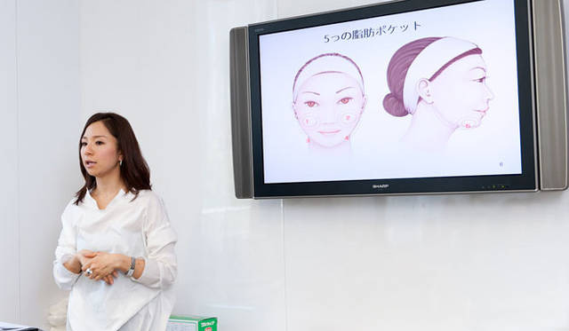 　「OPENERS×クラランス美容講習会」　ほおからあごにかけて存在する5つの“脂肪ポケット”について語る西村さん