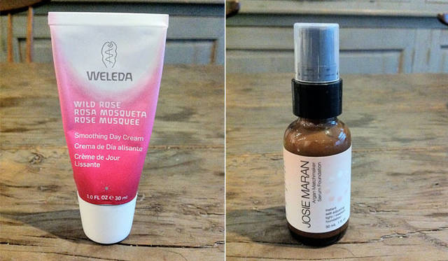 <strong>Munemi meet Anne-Marie Van Dijk </strong>　左／「WELEDA」WILD ROSE Smoothing Day Cream、右／「JOSIE MARAN」Argan Matchmaker Serum Foundation