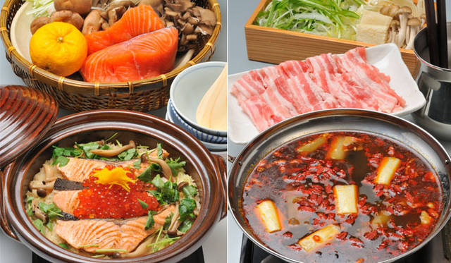 <strong>六本木ヒルズ ウエストウォーク5階『MOTHER’S食堂』</strong>　左／鮭といくらの土鍋ご飯、右／薬膳しゃぶしゃぶ