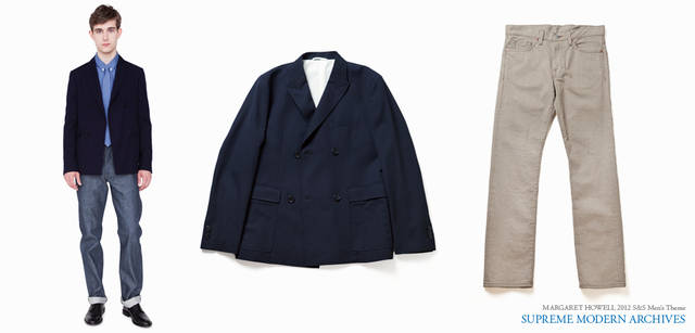<strong> MARGARET HOWELL｜マーガレット・ハウエル</strong>　2012春夏メンズコレクション　モデル／ジャケット6万6150円、シャツ2万7300円、ネクタイ6300円、EDWIN ジーンズ2万4150円、シューズ8万2950円（すべてマーガレット・ハウエル）　中／ジャケット6万6150円、右／EDWIN ジーンズ2万4150円（ともにマーガレット・ハウエル）