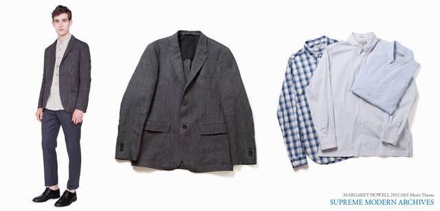 <strong> MARGARET HOWELL｜マーガレット・ハウエル</strong>　2012春夏メンズコレクション　モデル／ジャケット6万1950円、シャツ（店舗限定）2万7300円、トラウザーズ参考商品、シューズ8万2950円（すべてマーガレット・ハウエル）　中／ジャケット6万1950円、右／ブロックチェックシャツ2万7300円、ストライプシャツ各2万7300円（ともにマーガレット・ハウエル）
