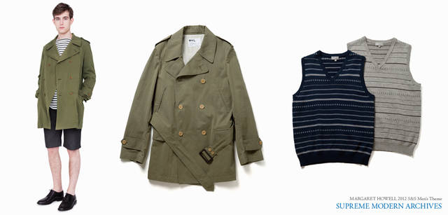 <strong> MARGARET HOWELL｜マーガレット・ハウエル</strong>　2012春夏メンズコレクション　モデル／トレンチコート4万9350円（MHL.）、ボーダーT シャツ（店舗限定）1万3650円、ショーツ3万450円、シューズ8万2950円（すべてマーガレット・ハウエル）　中／トレンチコート4万9350円（MHL.）、右／ベスト各2万4150円（マーガレット・ハウエル）