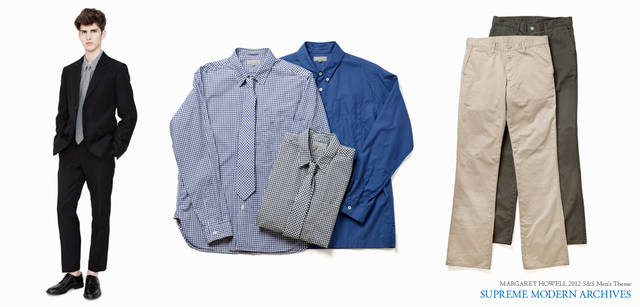 <strong> MARGARET HOWELL｜マーガレット・ハウエル</strong>　2012春夏メンズコレクション　モデル／ジャケット6万9300円、シャツ2万4150円、ネクタイ6300円、トラウザーズ3万7800円、シューズ8万2950円（すべてマーガレット・ハウエル）　中／ブルーシャツ2万7300円、ギンガムシャツ各2万4150円、ネクタイ各6300円、右／EDWIN チノ各2万2050円（すべてマーガレット・ハウエル）