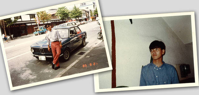 <strong>GIORGIO ARMANI｜ジョルジオ アルマーニ</strong>　左／1985年に撮影。アルマーニのシャツを着て。  右／はじめてのアルマーニ体験と思われる、シャンブレーの小衿シャツ。