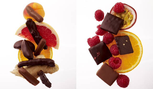 <strong>PIERRE HERMÉ PARIS｜ピエール・エルメ・パリ</strong><br />左からフリュイ アンベロ、ヌガティーヌ ショコラ　各3990円<br />ショコラの深い味わいのなかに輝くフルーツのフレーバー。まるで光によってきらきらと光をはなつジュエリーのように、口の中でつぎつぎに表情を変えるフレッシュな味わいを愉しんで。
