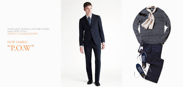 　2012春夏メンズコレクション　モデル／ジャケット8万4000円、トラウザーズ4万2000円、シャツ2万8350円、ネクタイ1万3650円、ベルト2万4150円、シューズ8万2950円（すべてマーガレット・ハウエル）　右／ニット3万7800円、トラウザーズ4万2000円、スカーフ1万9950円、サングラス2万4150円、スニーカー1万9950円（すべてマーガレット・ハウエル） ベルト1万2600円（MHL）