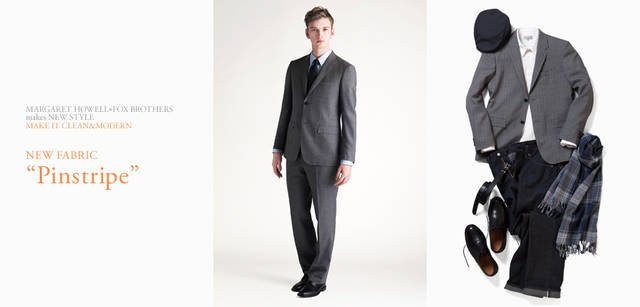 　2012春夏メンズコレクション　モデル／ジャケット8万4000円、トラウザーズ4万2000円、シャツ2万8350円、ネクタイ1万3650円、シューズ8万2950円（すべてマーガレット・ハウエル）　右／ジャケット8万4000円、シャツ3万450円、MH×EDWIN デニム2万4150円、ハンチング1万2600円、スカーフ3万450円、シューズ8万2950円（すべてマーガレット・ハウエル） ベルト1万5750円（MHL.）