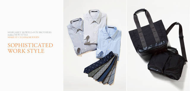 　2012春夏メンズコレクション　右／シャツ各2万8350円、ネクタイ各1万3650円（すべてマーガレット・ハウエル）、左／トート2万7300円、ショルダー3万7800円（ともにマーガレット・ハウエル）