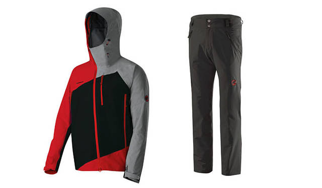 <strong>MAMMUT｜マムート</strong>　左／素材はGORE-TEX Pro shell 3Layerで、モダンな3色使いのカラーリングとカッティングデザインが特徴。数人で着用してならぶと編み目状のデザインになる。Gasherbrum Jacket Men 8万2950円、右／登山やハイキングなど幅広いフィールドで活躍するSOF Techのパンツ。快適な履き心地をもたらす通気性とストレッチ性、、耐風性と耐久性にも優れた1本。右足部分には地図の出し入れに便利なジップポケット付き。Fiamma Pants Men 2万5200円