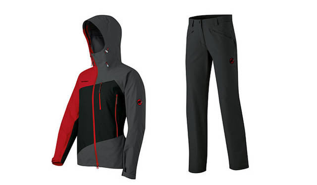 <strong>MAMMUT｜マムート</strong>　左／Fujiyama Jacket Women 7万8750円、右／トレッキングやハイキングなどに適した軽量ソフトシェルパンツ。防風、透湿、撥水性を備え、股と膝の部分をスマートに設計したきれいなシルエット。膝をプリシェイプしたことで動きやすさも兼ね備えている。Miara Pants Women 2万5200円
