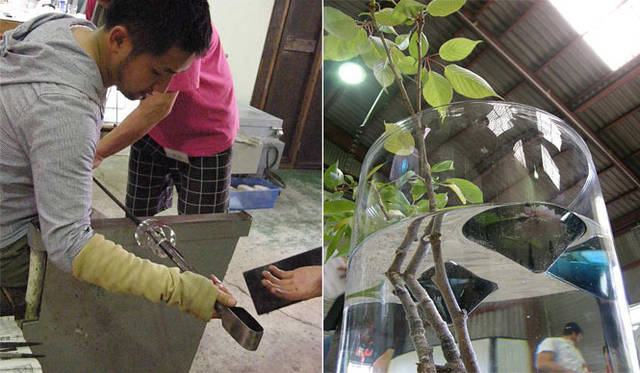 <strong>「fresco」グラスデザインワークショップ</strong>　左／未経験者の制作体験、右／デモンストレーション完成作品