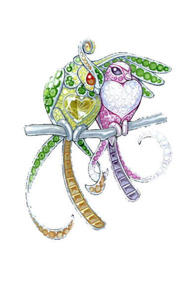 <strong>Van Cleef & Arpels｜ヴァン クリーフ＆アーペル</strong>　「Couleurs de Paradis」　枝に止まったつがいの鳥を題材にしたチャーミングなハイジュエリークリップ。ペンダントとしても使用できる。Printemps Oiseaux de Paradis（プランタン オワゾー ド パラディ） クリップ　　© Van Cleef & Arpels<br /><br />ヴァン クリーフ＆アーペル ル デスク<br />Tel. 0570-00-8202