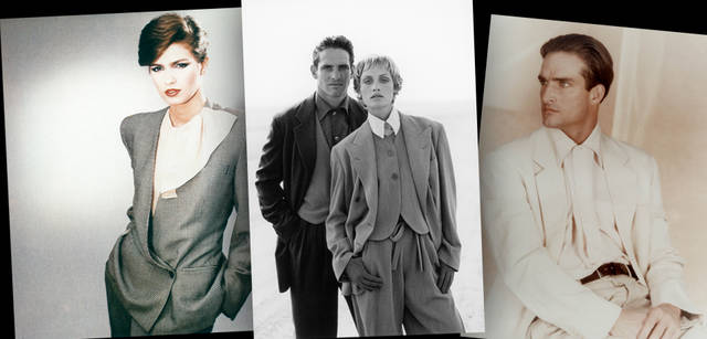 <strong>GIORGIO ARMANI｜ジョルジオ アルマーニ</strong>　左／1980年代に一世を風靡したテイラード・スタイル。女性に“威厳”を与えた。中／ピーター・リンドバーグが撮り下ろした、1993-94年秋冬の広告ビジュアル。右／80年代、それまでのスーツの常識を逸し、艶やかで贅たくな素材を使って作られた「アンコンストラクティッド・ジャケット」。