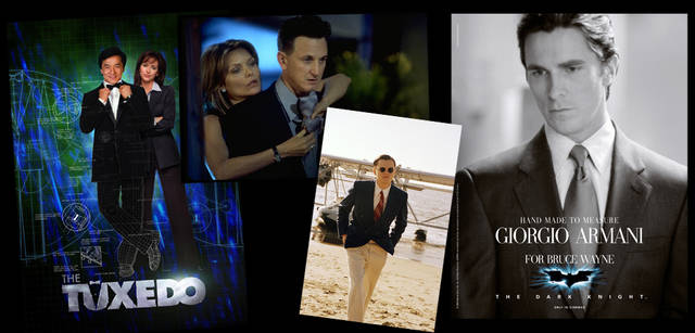 <strong>GIORGIO ARMANI｜ジョルジオ アルマーニ</strong>　左から／『タキシード』（2002年）、『アイ・アム・サム』（2002年）、『アヴィエイター』（2004年）、『ダークナイト』（2008年）。