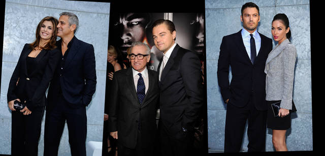 <strong>GIORGIO ARMANI｜ジョルジオ アルマーニ</strong>　左から／女優エリザベッタ・カナリスと俳優ジョージー・クルーニー、監督マーティン・スコセッシとレオナルド・ディカプリオ、俳優ブライアン・オースティン・グリーンと女優ミーガン・フォックス。