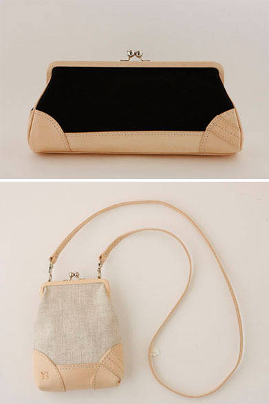 　ワイズ40周年記念商品　上／麻キャンバス×レザーコンビ クラッチバッグ 3万6750円、下／麻キャンバス×レザーコンビ ポシェット 1万9950円