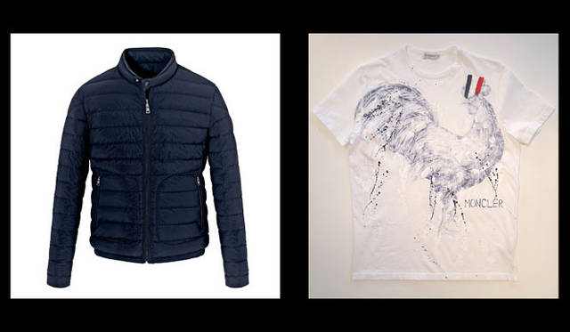 <strong>MONCLER｜モンクレール</strong>　左／ダウンジャケット 11万2350円、右／ハンド・ペイントTシャツ 2万6250円