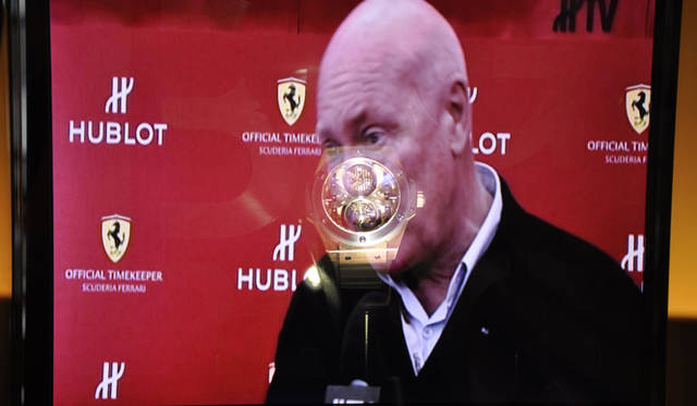 <strong>HUBLOT｜ウブロ</strong> 会場ではフェラーリとのコラボレーションを発表する、総帥ジャン＝クロード・ビバー氏の映像が。