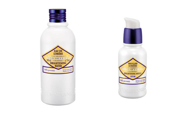 　左／＜ふきとり用化粧水＞イモーテル ブライトフェースウォーター3675円、右／＜UV乳液＞イモーテル ブライトUVフリュイド SPF40/PA+++ 5775円