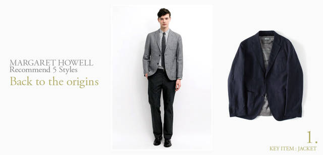<strong>MARGARET HOWELL｜マーガレット・ハウエル</strong>　モデル／ジャケット6万900円、シャツ2万4150円、ネクタイ1万3650円、トラウザーズ3万4650円、シューズ8万2950円（すべてマーガレット・ハウエル） ベルト1万2600円（MHL.）、右／スタイルの基本はシンプルな2ボタンジャケット。最新のシルエットをグッドバランスで着こなそう。ジャケット4万9350円、ニット3万7800円（ともにマーガレット・ハウエル）
