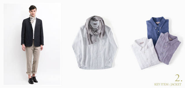 <strong>MARGARET HOWELL｜マーガレット・ハウエル</strong>　モデル／ジャケット6万1950円、シャツ3万450円、スカーフ1万9950円、トラウザーズ3万4650円、シューズ8万2950円（すべてマーガレット・ハウエル）、中／春らしいリネンのシャツに、ふんわりとスカーフを合わせて、モダンな着こなしに。シャツ3万450円、スカーフ1万9950円（ともにマーガレット・ハウエル）、右／今年のキーカラーとなるブルーをリネンシャツで着こなそう。定番の白、グラデーションの着こなしで楽しみたいパープルもラインナップ。シャツ各3万450円（マーガレット・ハウエル）