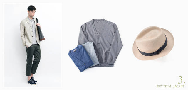 <strong>MARGARET HOWELL｜マーガレット・ハウエル</strong>　モデル／ジャケット3万9900円、シャツ2万7300円、EDWIN チノトラウザーズ1万9950円、スニーカー1万9950円、バッグ2万7300円（すべてマーガレット・ハウエル）、中／シャリッとした質感が新鮮なリネンのカーディガン。春先から夏まで、レイヤードにぜひ活用してほしい。今年のマーガレット・ハウエルを象徴する4色で展開。カーディガン各2万5200円（マーガレット・ハウエル）、右／コーディネートにくわえて個性を演出するハットは、クリスティーズ社にスペシャルオーダーした逸品。プレッピーな味つけに最高のアクセサリーだ。ハット2万2050円（マーガレット・ハウエル）