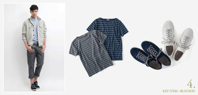 <strong>MARGARET HOWELL｜マーガレット・ハウエル</strong>　モデル／ブルゾン3万4650円（MHL.）、シャツ3万4650円、EDWIN シャンブレーデニム2万2050円、スニーカー1万9950円（すべてマーガレット・ハウエル） ベルト1万2600円（MHL.）、中／マーガレット・ハウエルらしい上品なテイストを感じさせるボーダーT。オールシーズン、自由自在に着こなせそう。ボーダーカットソー1万3650円（マーガレット・ハウエル）、右／純国産手作りスニーカーとして注目されている「スピングルムーブ」に今季スペシャルオーダーしたスニーカー。白とネイビーの2色展開で、無造作にロールアップしたトラウザーズとの相性バツグン。スニーカー各1万9950円（マーガレット・ハウエル）