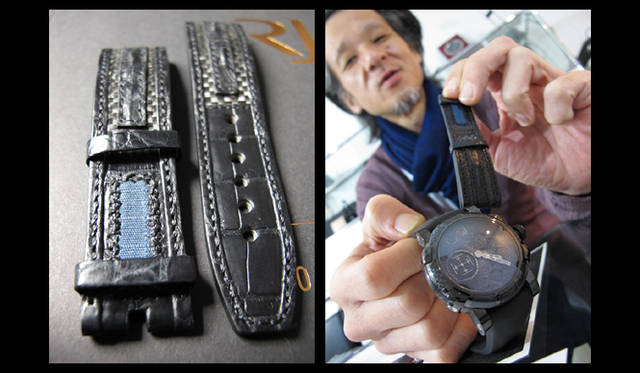 <strong>ROMAIN JEROME｜ロマン・ジェローム</strong>　別売りのクロコダイルストラップ（価格未定）。「アポロ11号の宇宙服の糸くずというか糸ごみをミックスさせてつくっているそうです」