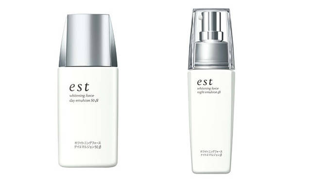 <strong>est｜エスト</strong>　左／＜日中用乳液＞エスト ホワイトニングフォース デイエマルジョン50 6300円、右／＜夜用乳液＞エスト ホワイトニングフォース ナイトエマルジョン6825円（レフィル6510円）